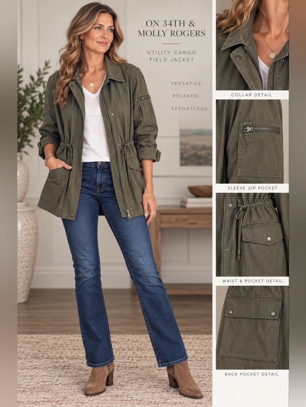 On 34th & Molly Rogers Olive Green Utility Cargo Field jacket with Lining